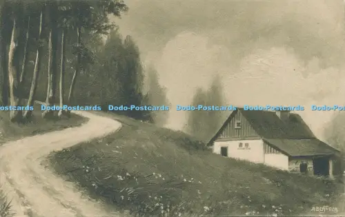 R030100 Alte Postkarte Haus und Weg in den Wald