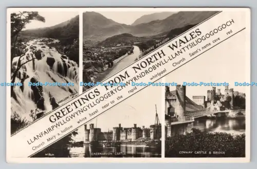 R801282 Greetings From North Wales Conway Castle and Bridge Valentine RP 1956 Mu