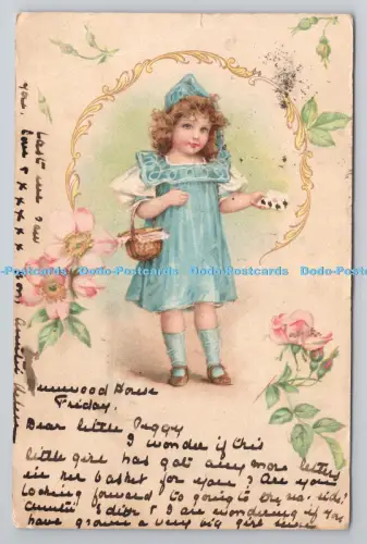 R801365 Mädchen mit Korb Blumen PM Manchester 1907
