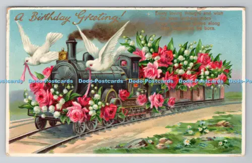 R801367 A Birthday Greeting Birds Lokomotive Blumen PM Walthamstow 1910