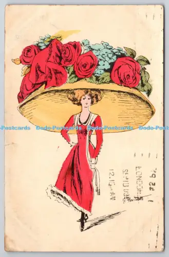 R815846 Frau mit großem roten Hut