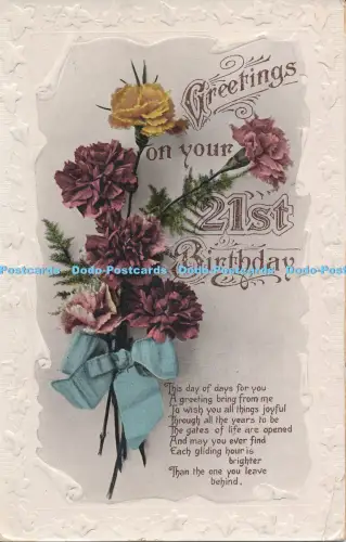 R048355 Grüße zum 21. Geburtstag Blumen 1921