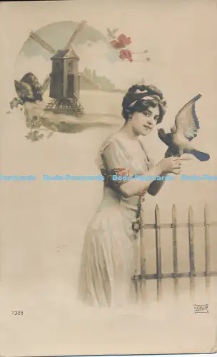 R048772 Alte AK Frau mit Vogel 1915