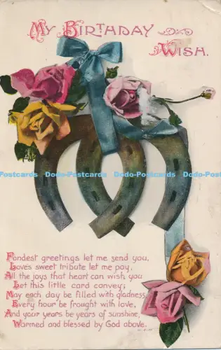 R048926 Gruß Postkarte Mein Geburtstagswunsch Hufeisen und Rosen W und K London Nr