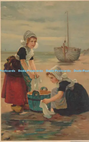 R050064 alte AK Mädchen am Meer Wäscherei Meissner und Buch