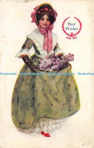 R055417 Gruß Postkarte Beste Wünsche Ein Mädchen im Kleid und mit Blumen