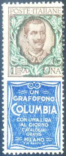 Königreich. Werbetreibende. Columbia 1 Lira 1924. Zungenspur.