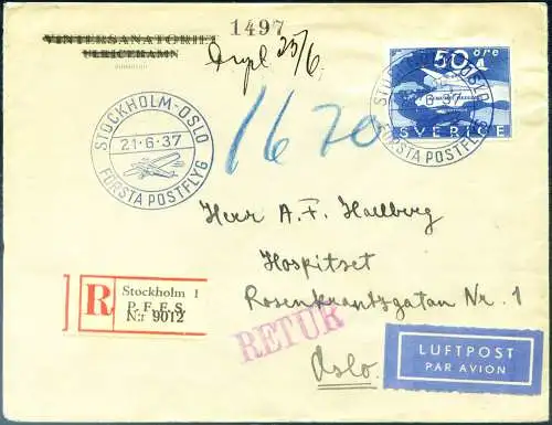 1. Postflug Stockholm-Oslo 1937. Empfohlen.