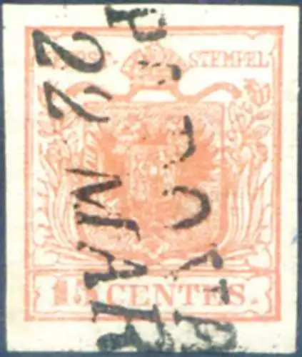 Lombardei Venetien. Wappen, Papier mit senkrechten Rippen 15 EL. Der Typ 1851. Gebraucht.