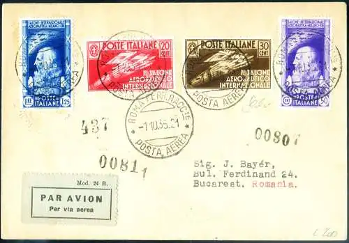 Königreich. Luftfahrtmesse 1935. Komplette Serie auf 1. Tagesumschlag von Rom nach Rumänien