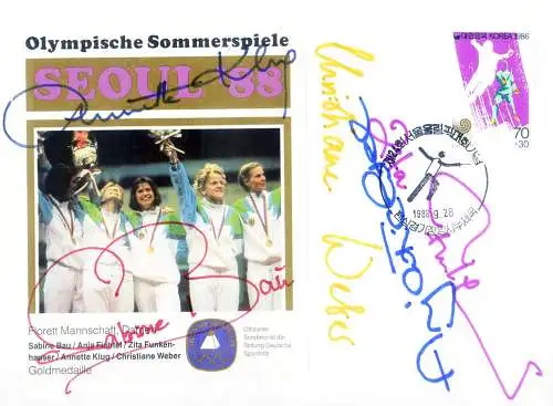 Sport. Olympische Spiele Seoul 1988. Bildschirm. Umschlag mit Autogrammen der deutschen Siegermannschaft.
