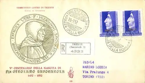 Zone A. Girolamo Savonarola FDC 1952.
