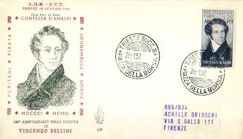 Zone A. Vincenzo Bellini FDC 1952.