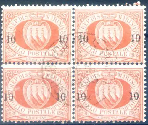 Wappen. 10 EL von 20 EL kleine Ziffern 1892. Viererblock, gebraucht.