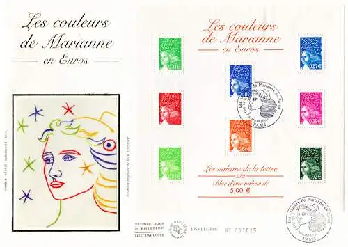 Marianne vom 14. Juli. Werte in Euro 2002. 2 Blatt auf 2 FDC.