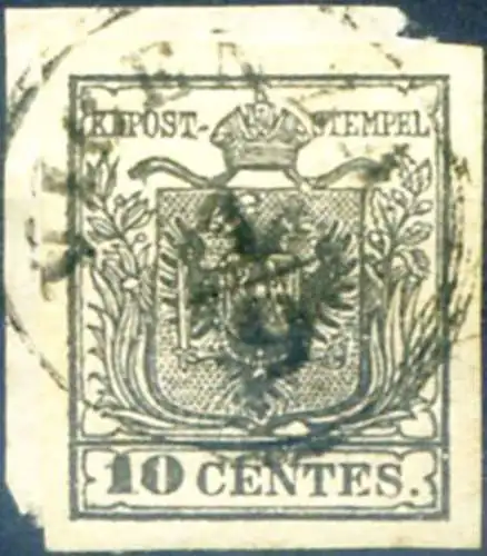 Lombardei Venetien. Wappen, Handpapier 10 EL. 1850. Auf kleinstem Fragment verwendet.