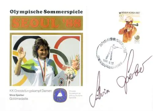 Sport. Olympische Spiele Seoul 1988. Gewehr. Silvia Sperber. Umschlag mit Autogramm.