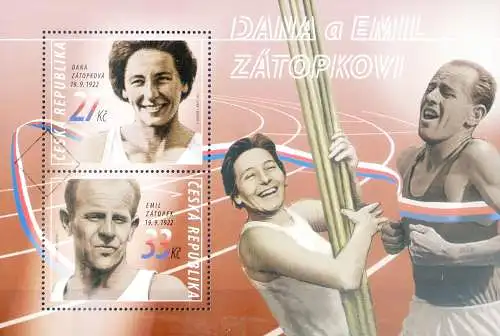 Dana und Emil Zatopek 2022. 2 FDC + Zettel, Musterstempel.