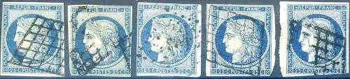 Cerere 25 c. hellblau (1849). 5 gebrauchte Exemplare.