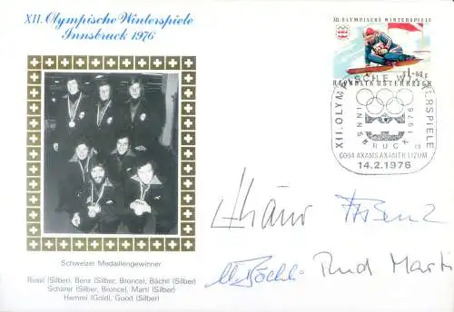 Sport. Olympische Spiele Innsbruck 1976. Umschlag mit Autogrammen einiger Schweizer Medaillensportler.