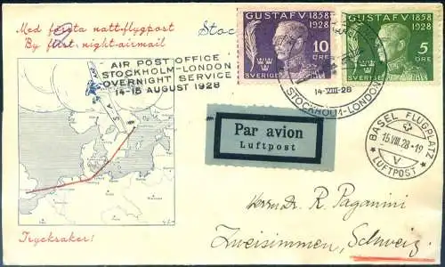 2. Nachtpostflug Stockholm-Malmö-Hamburg-London 1928.