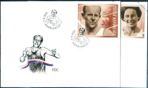 Dana und Emil Zatopek 2022. 2 FDC + Zettel, Musterstempel.