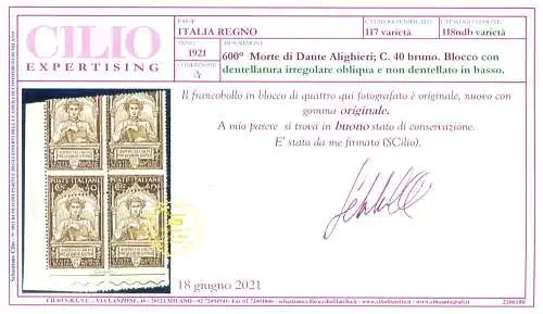 Königreich. Dante Alighieri 40 c. bruno 1921. Sorte. Linguellati.