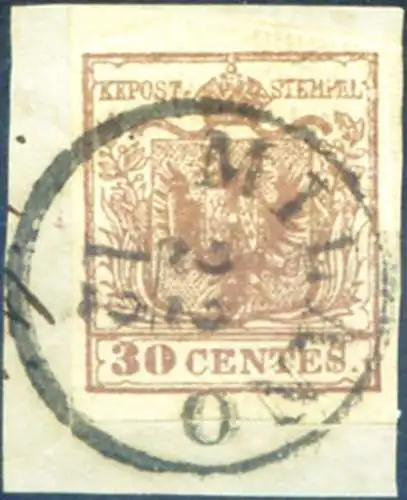 Lombardo Veneto. Wappen, vertikal geripptes Papier 30 c. 1851. Fragment.