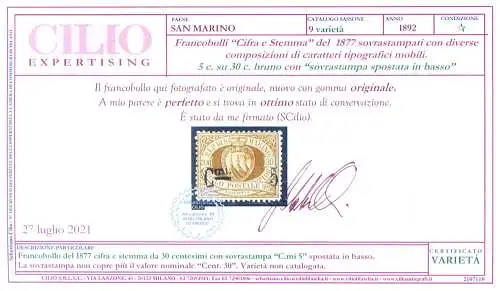 San Marino. 5 c. su 30 c. Sorte. Linguellato.