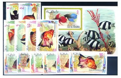 Ras al Khaima. Fauna. Fische 1972. Serie gezahnt + ungezähnt + Zettel + 6 Sonderzettel.