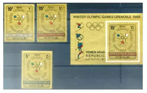 Republik Jemen. Sport. Olympische Spiele Grenoble 1967. Ausgabe Silber + Gold.