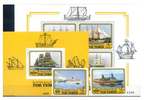 Republik Jemen. Schiffe und Segelschiffe 1983. Serie + 2 Zettel.