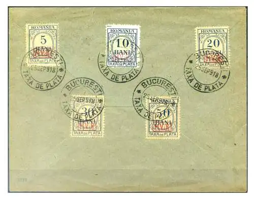 Rumänien. Deutsche Besetzung. Segnatasse 1918. Serie auf Umschlag abgebrochen.
