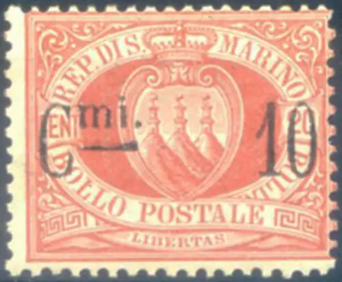 San Marino. Wappen. 10 c. auf 20 c. große Ziffern 1892. Linguellato.