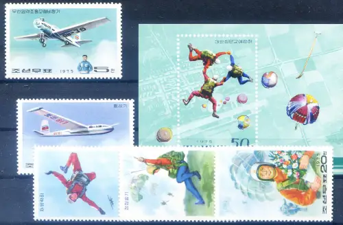 Korea. Nord. Sport. Fallschirmspringen 1975. Serie + Zettel.