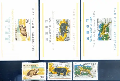 Korea. Süd. Wildtiere 1966. Serie + 3 Zettel.