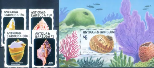 Antigua und Barbuda. Muscheln 1986. Serie + Zettel.