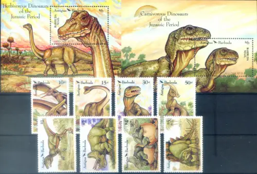 Barbuda. Dinosaurier 1992. Serie + 2 Zettel.