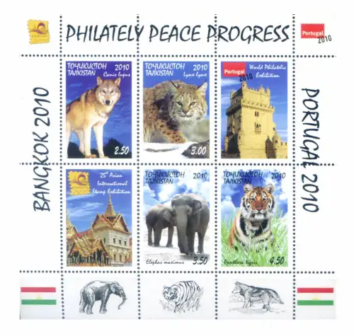 Tadschikistan. Expo Bangkok 2010 und Portugal 2010. Blatt.