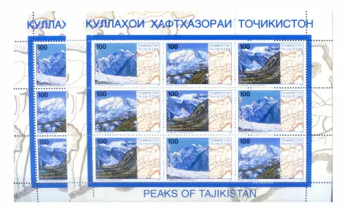 Tadschikistan. Berge 1997. 2 Miniblätter (weißes + gelbes Papier).