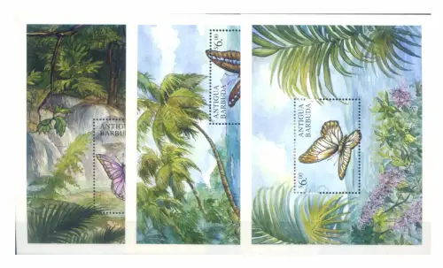 Antigua und Barbuda. Fauna. Farfalle. 3 Zettel.