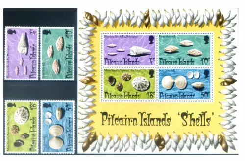Pitcairn. Muscheln 1974. Serie + Zettel.
