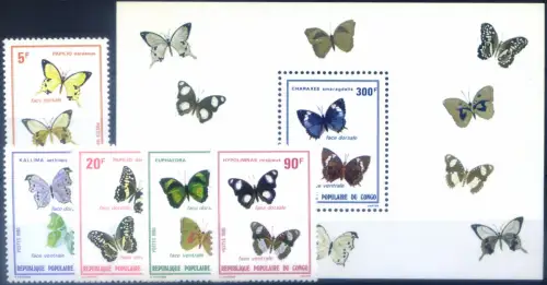 Brazzaville. Fauna. Farfalle 1980. Serie + Zettel.