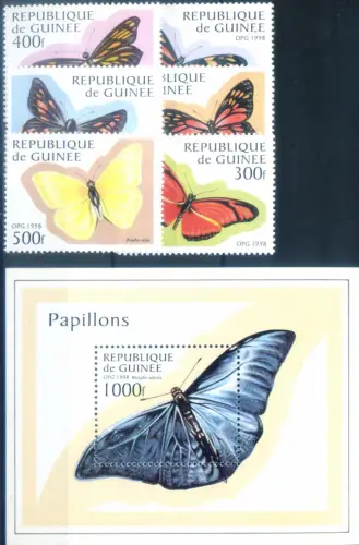 Guinea. Fauna. Farfalle 1998. Serie + Zettel.