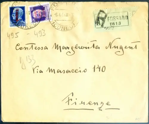 RSI. 1944 überdruckt. Empfohlen von Fossano (CN) nach Florenz.