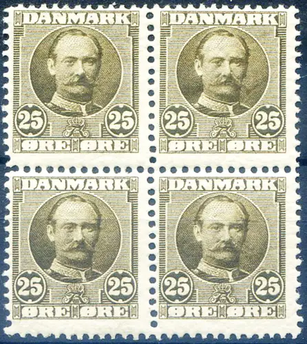 Dänemark. Definitiv. Friedrich VIII. 25 ö. 1907. 4er Block, mit 2 sprachlichen Exemplaren.