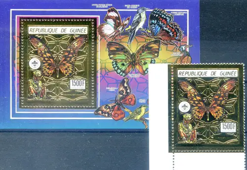 Guinea. Fauna. Schmetterlinge 1990. Briefmarke + Zettel 'Gold'.