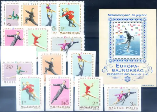 Ungarn. Sport. Eislaufen 1963. Serie gezahnt + ungezähnt + Zettel.