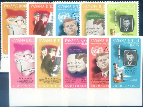 Panama. J.F. Kennedy 1965. Serie gezahnt + ungezähnt + 2 Zettel.
