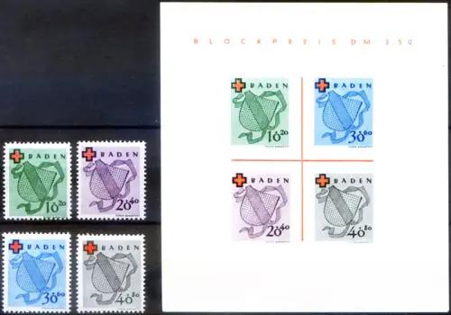 Besetzungsgebiete: Baden. Rotes Kreuz 1949. Serie + Zettel.